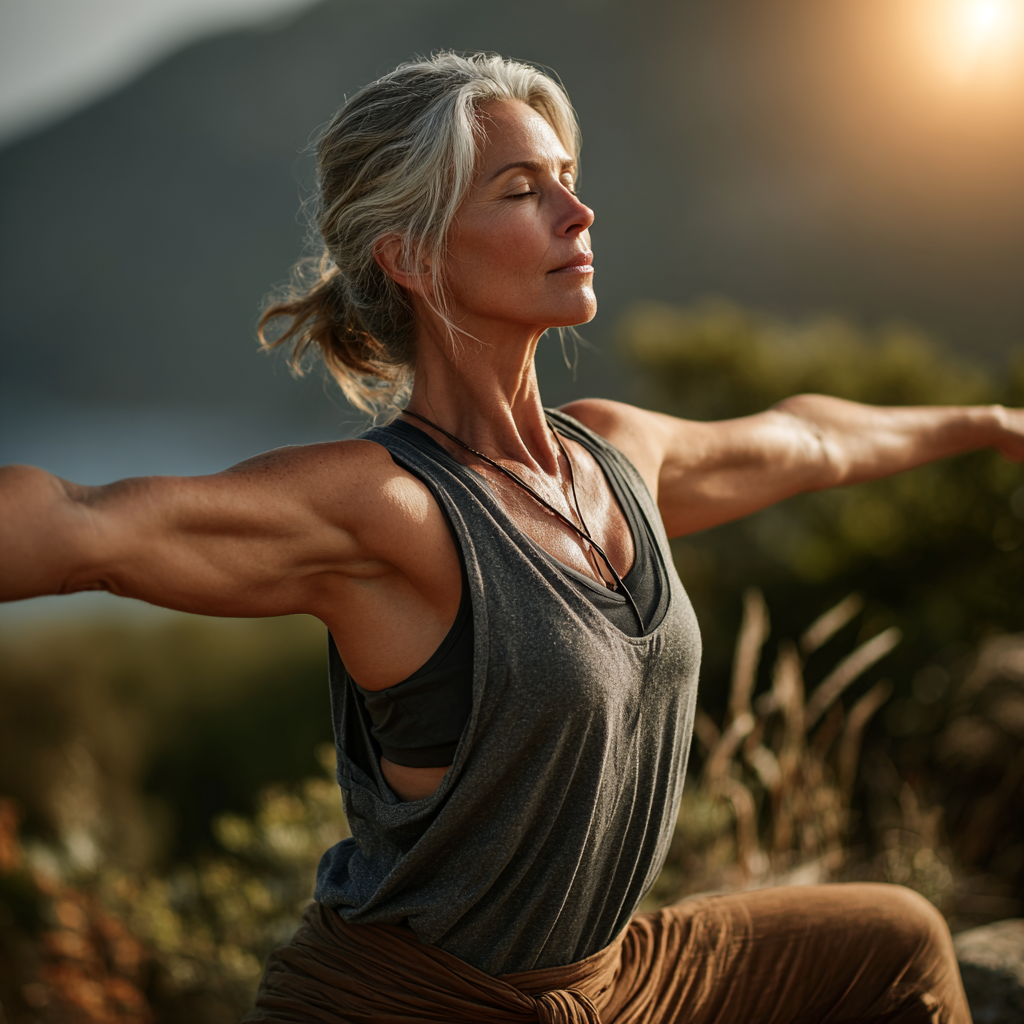 Mature woman in her late 40s practicing yoga in a serene natural setting, demonstrating a graceful warrior pose with focused breathing and peaceful expression, wearing comfortable earth-toned yoga attire