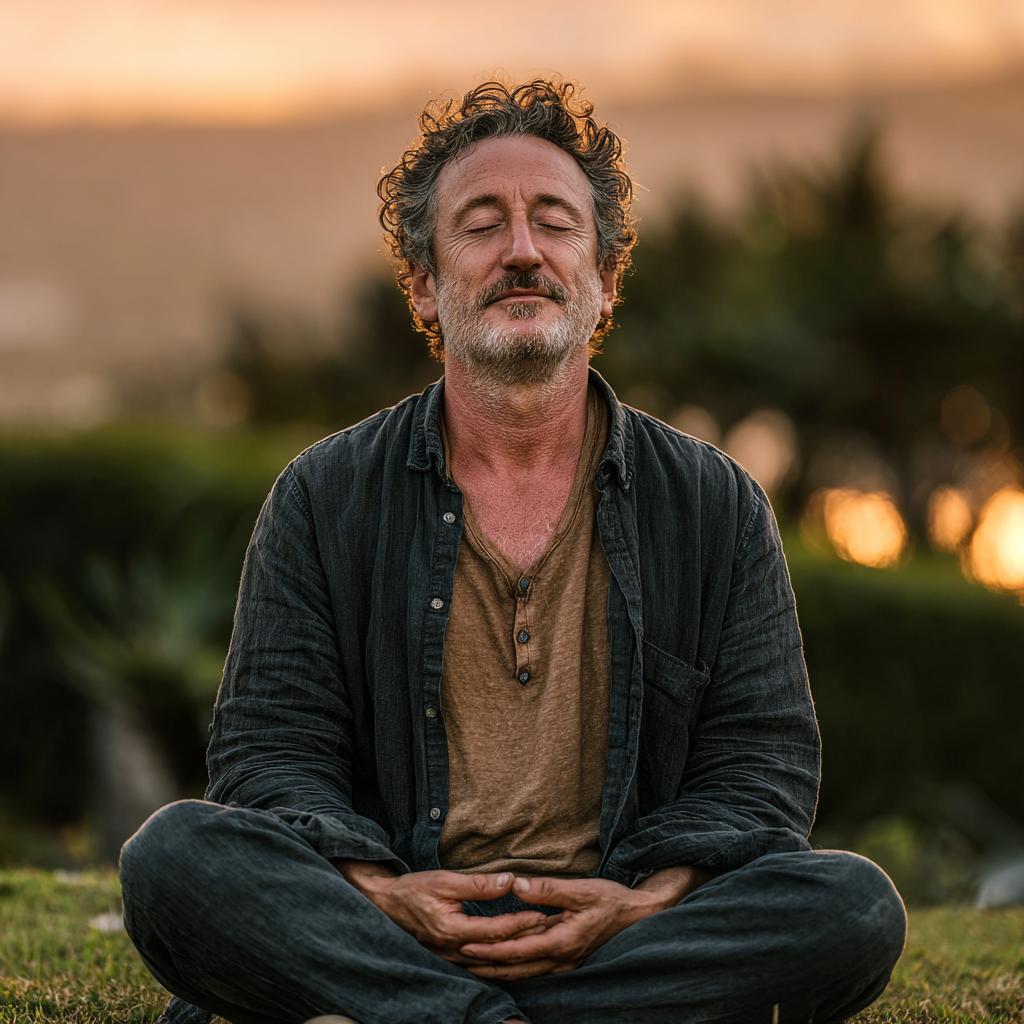 Peaceful middle-aged man in his early 50s sitting in meditation pose outdoors at sunrise, wearing casual comfortable clothing, with gentle smile and closed eyes, surrounded by natural greenery and soft morning light
